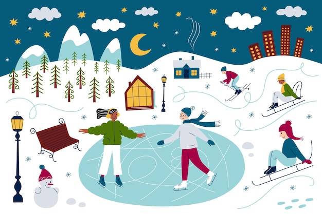 Vector vector illustration of winter scene with children ice skating skiing sledding under starry sky snowy