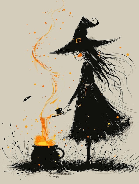 Vector vector illustration of a witch in a hat and a pot of potion