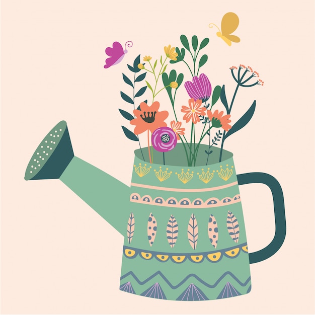 Vector illustration with a beautiful bouquet in the watering can and butterfly. Vintage ga