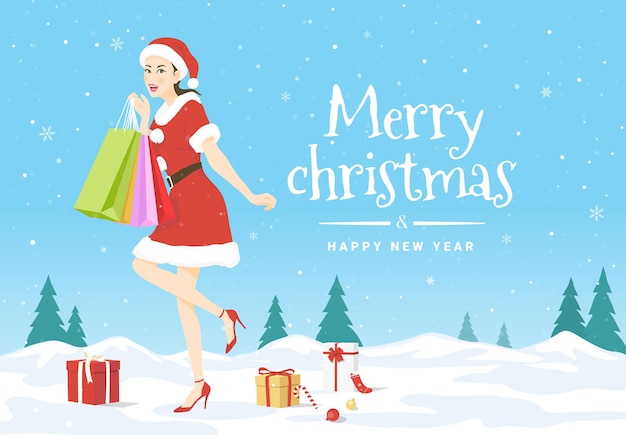 Vector illustration with A beautiful woman in Santa Claus costume holding shopping bags on ice snow and many gift boxes of the Merry Christmas and Happy New Year.