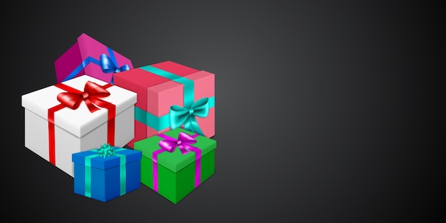 Vector illustration with bunch of colored gift boxes with ribbons and bows on black background