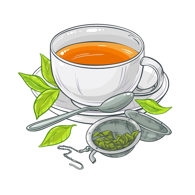 Vector illustration with cup of tea, tea spoon and tea-strainer on color background