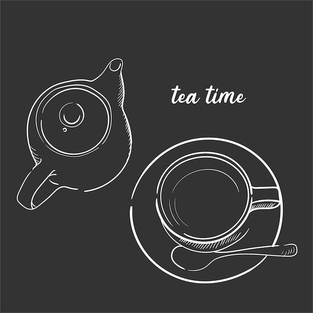 Vector illustration with a cup of tea and a teapot hand drawn sketch