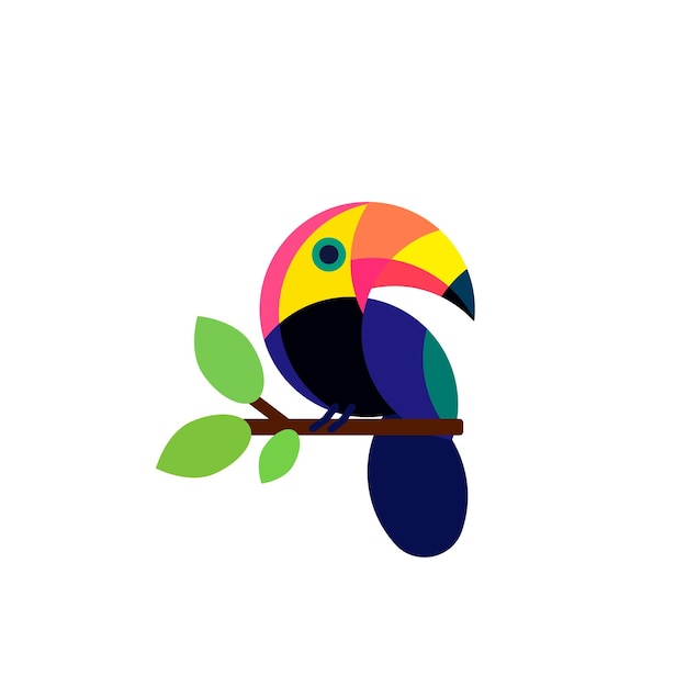 Vector illustration with cute bird on branch Flat illustration Isolated Toucan