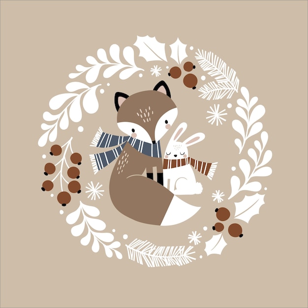 Vector illustration with cute hand drawn fox and rabbit in winter wreath.