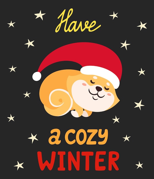 Vector illustration with cute shiba inu in santa hat isolated on white. Colorful cartoon japan dog with lettering used for magazine, stickers, new year cards.