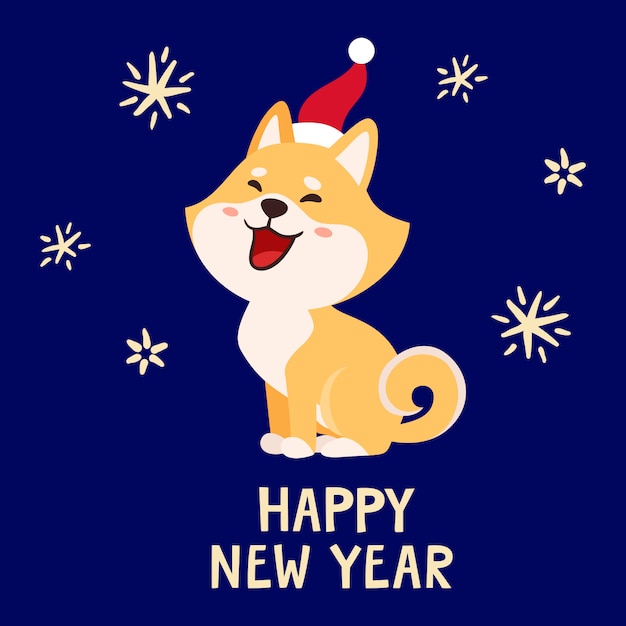 Vector illustration with cute shiba inu in santa hat isolated on white