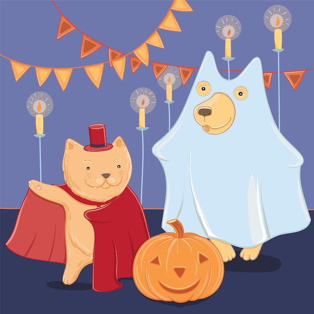 Vector illustration with funny dog and cat in halloween costumes. Halloween fun for kids. Template for greeting card.