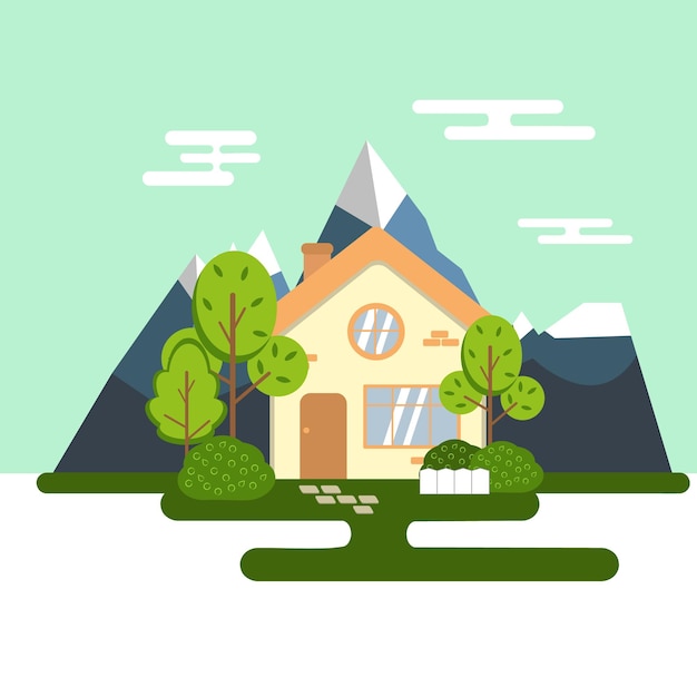 Vector illustration with house in mountains summer season cozy home