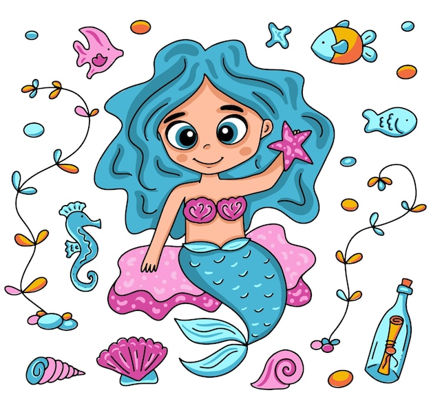 Vector illustration with little mermaid with big eyes