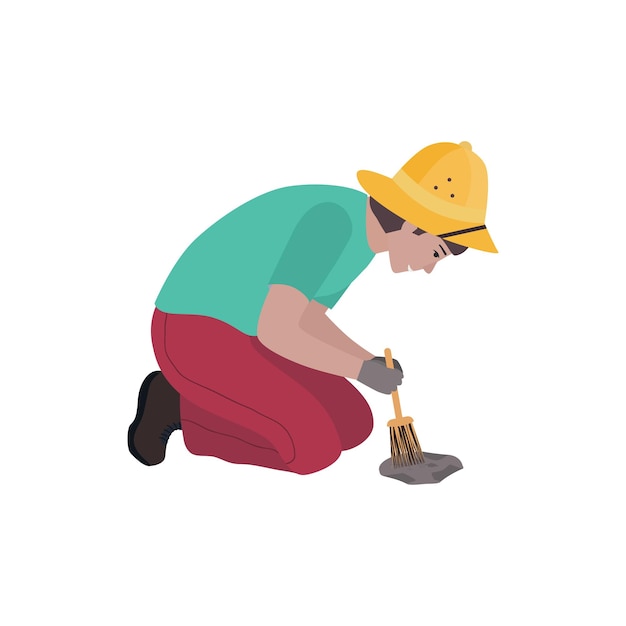 Vector illustration with a male archaeologist who sweeps the earth with a brush with a rare find Search for dinosaur tracks historical events excavations in hot countries