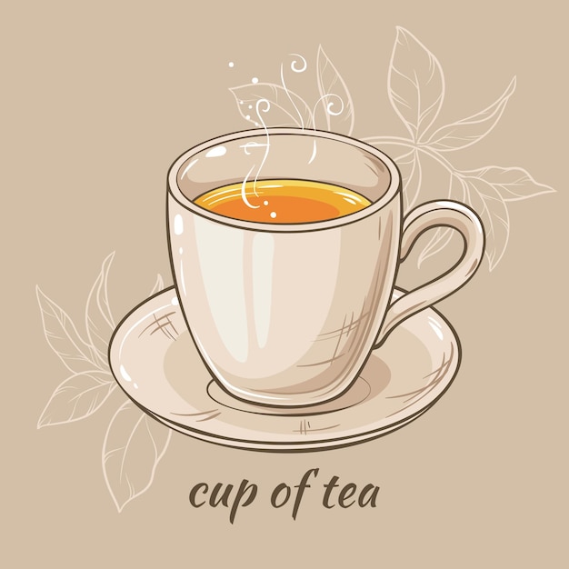 Vector illustration with mug of tea on brown background