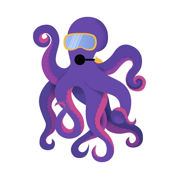 Vector vector illustration with an octopus diver a cheerful and happy character an octopus with a mask and a balloon plunges to the bottom of the ocean a symbol or a mascot for diving schools