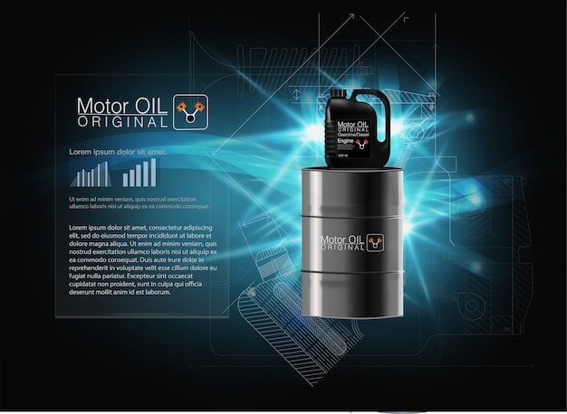 Vector illustration with realistic canister and motor oil on bright background. 3d template