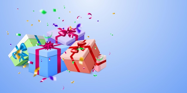 Vector illustration with several colored gift boxes with ribbons and bows, and small blurry pieces of serpentines on light blue background