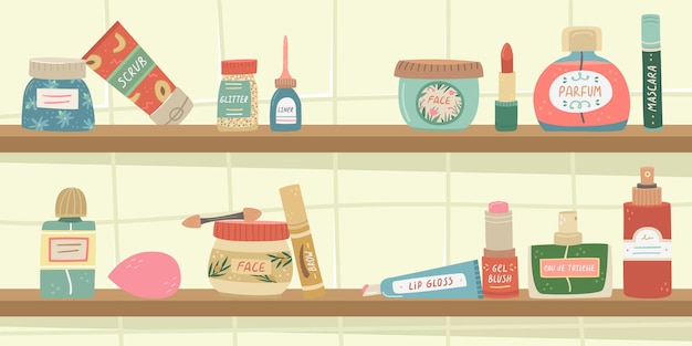 Vector illustration with shelves with decorative cosmetics and skin care products