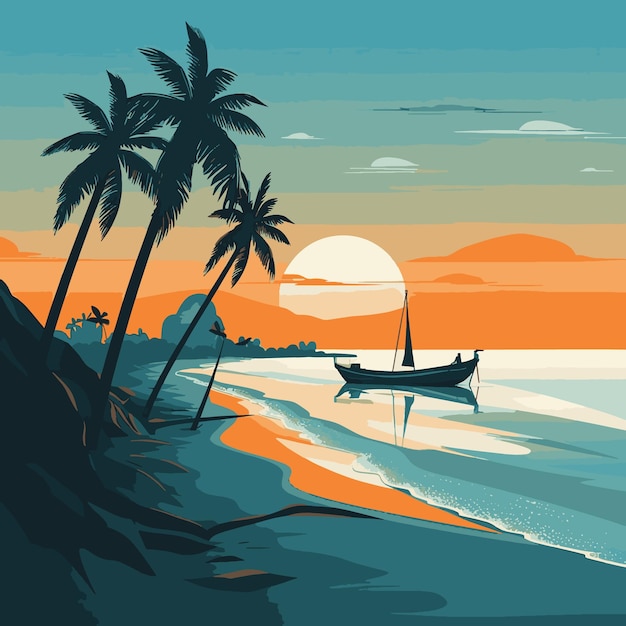 Vector illustration with a simple beautiful seascape with palms beach and ocean in the background