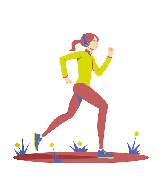 Vector illustration with sporty girl runs on a jog in a tracksuit and with headphones