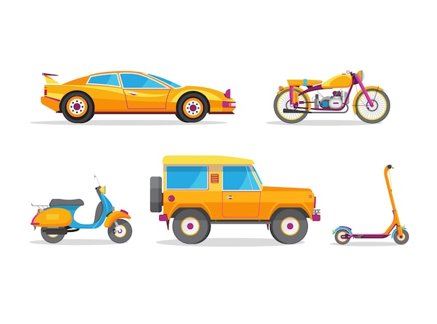 Vector illustration with yellow vehicles isolated on white background.