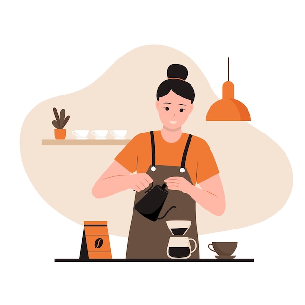 Vector illustration of woman barista making coffee