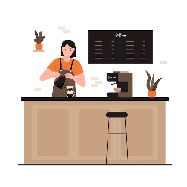 Vector illustration of woman barista making coffee