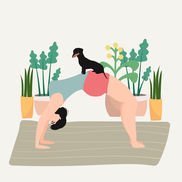 Vector illustration of a woman doing yoga with her dachshund dog Having fun with your petxA