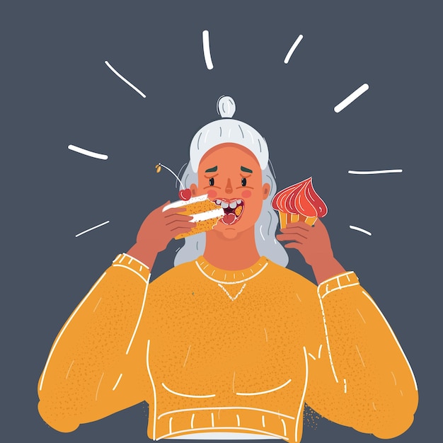 Vector illustration of Woman Eating A Piece Of Cake on dark background