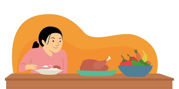 vector illustration woman eating with healthy food