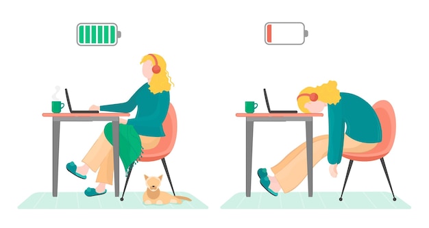 Vector illustration woman energy but after get burhoot at the desk with laptop cat and cup of tea