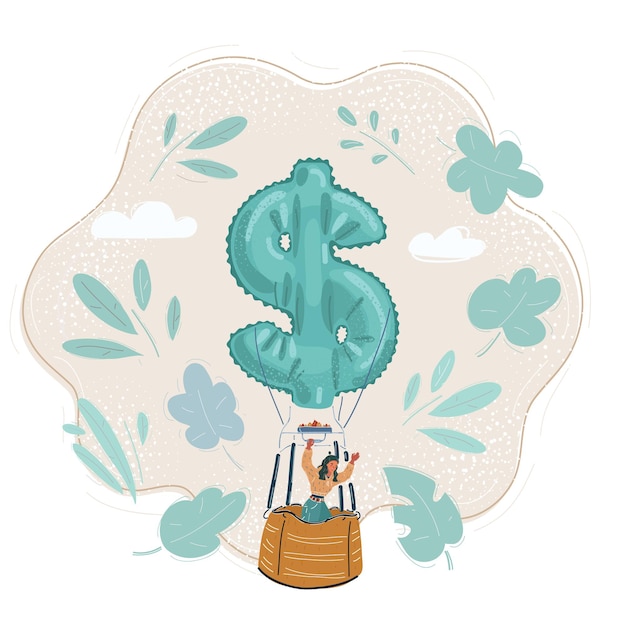 Vector vector illustration of woman flying on hot air money shape balloon