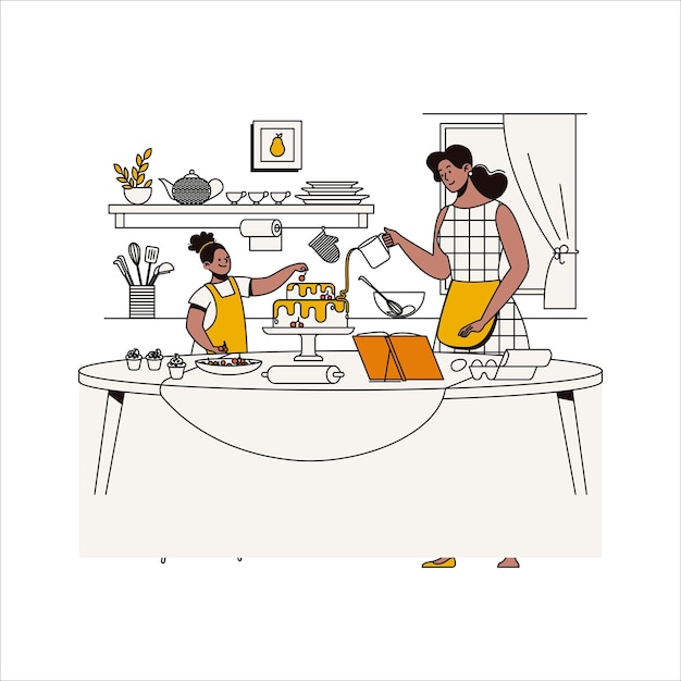 Vector vector illustration of a woman in the kitchen housewife in apron cooking washing dishes