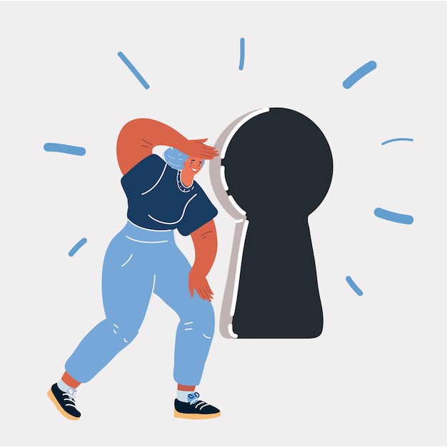 Vector illustration of woman looking through big keyhole Symbol of innovation opportunity success