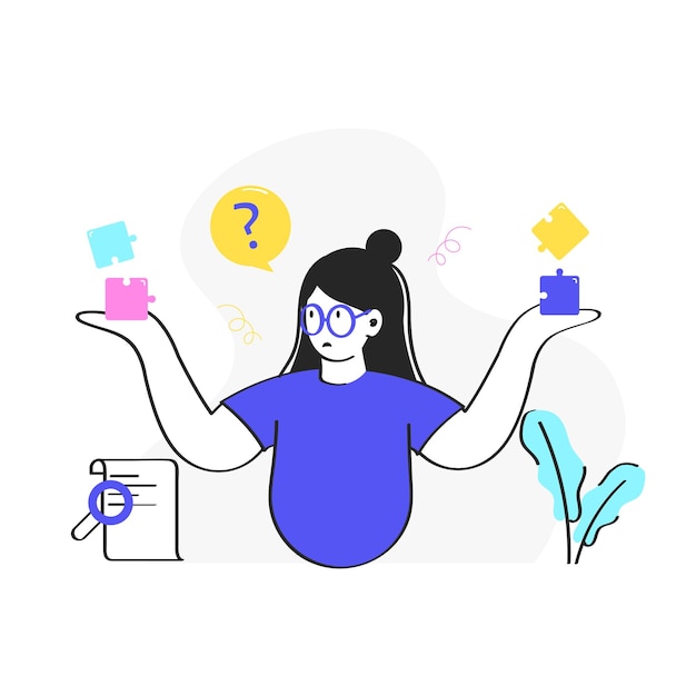 Vector Illustration Of Woman Presenting Puzzles With Searching Document Paper On White Background