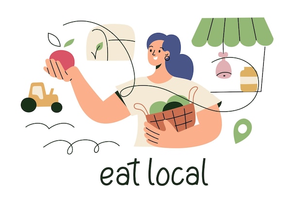 Vector vector illustration of a woman promoting eating local food holding fresh produce and groceries from