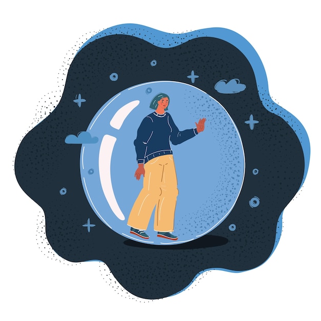 Vector illustration of Woman standing inside a protective glass bubble and isolating herself Which p