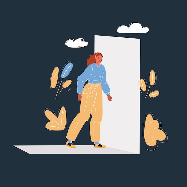 Vector vector illustration of woman standing in the open door who exit dark room to light