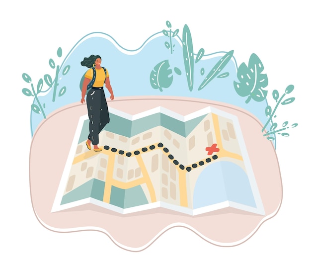 Vector vector illustration of woman walking towards unknown places