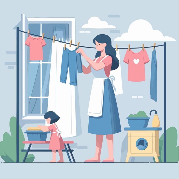 Vector vector illustration of a woman washing clothes with a simple and minimalist flat design style