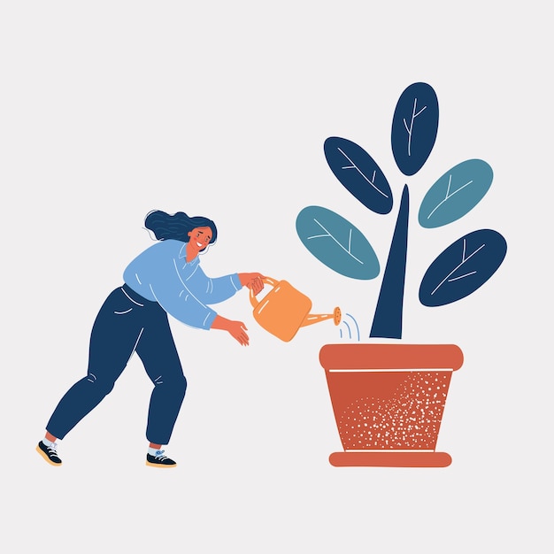 Vector illustration of woman watering can takes care of plant