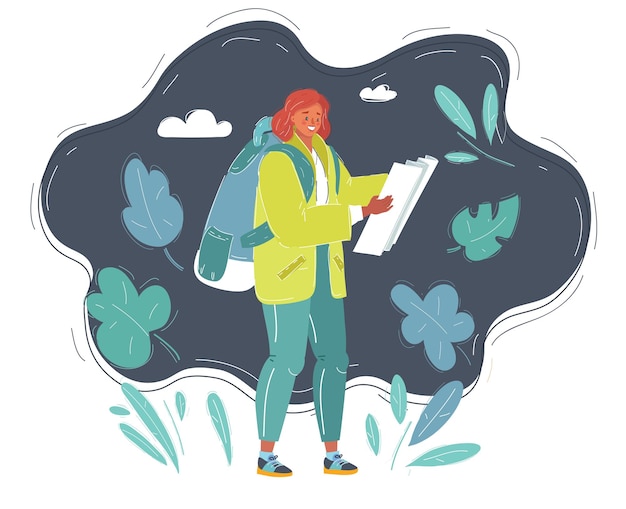 Vector illustration of woman with backpack with map in her hands