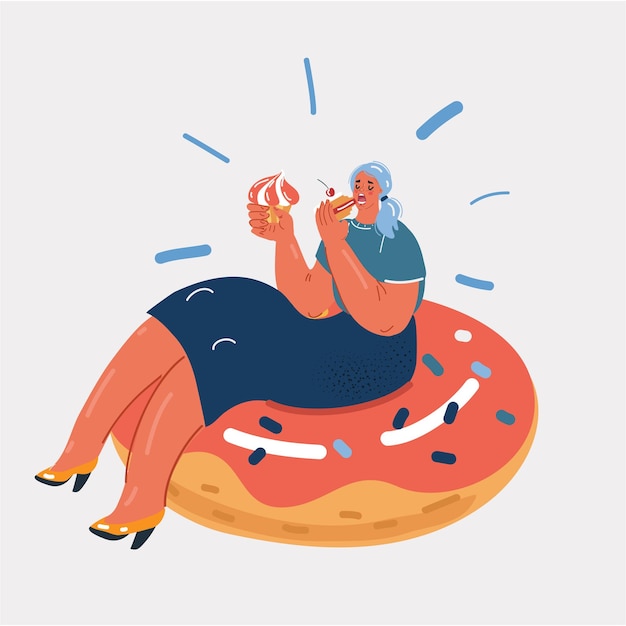 Vector illustration woman with cake and cupcake on her hands A sweet tooth lady lay on big donut