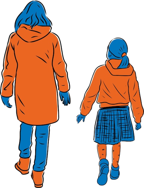 Vector illustration of a woman with her daughter walking outdoors