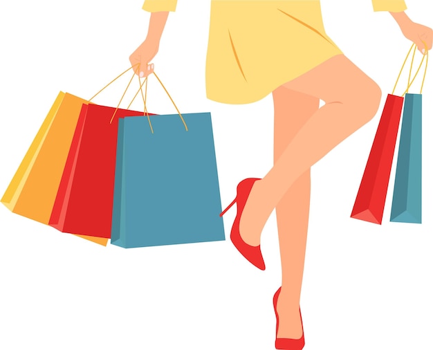 Vector illustration of a woman in yellow carrying shopping bags on a transparent background