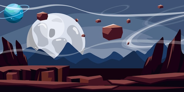 Vector vector illustration of a wonderful space landscape cartoon scene view from space with mountain surface rocks cracks in the ground falling solid space object big planets cloudy sky outer space