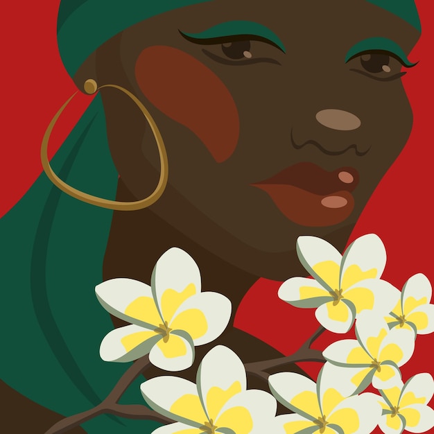 Vector illustration of young African woman with plumeria flower branch. Modern flat style