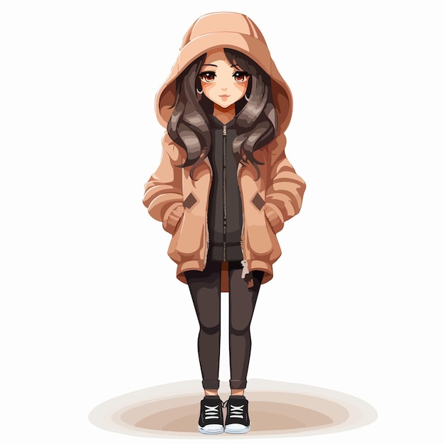 vector illustration of a young anime beautiful young woman in an autumn coat vector illustration