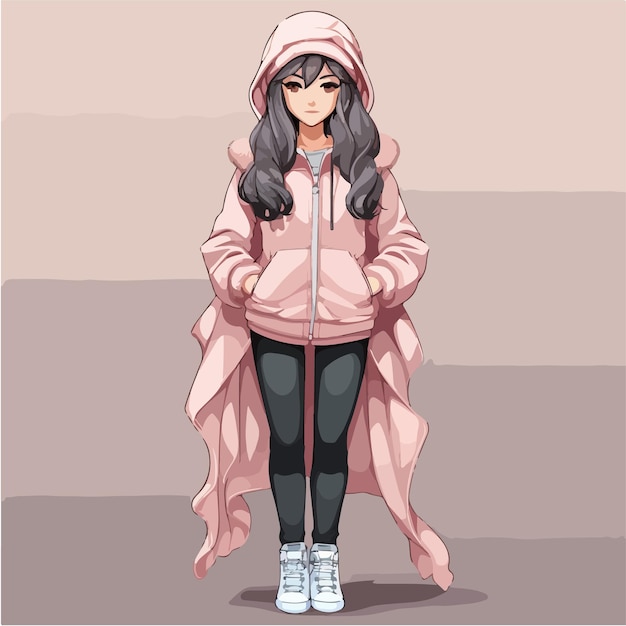 vector illustration of a young anime beautiful young woman in an autumn coat vector illustration