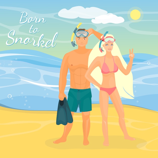 Vector illustration of young couple in snorkeling masks standing on seashore.