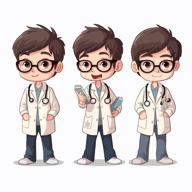 Vector illustration of a young doctor boy dressed for medicine cartoon pose