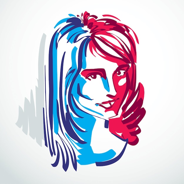 Vector illustration of young elegant female, art image. Colorful portrait of attractive lady, face features and personality emotions.